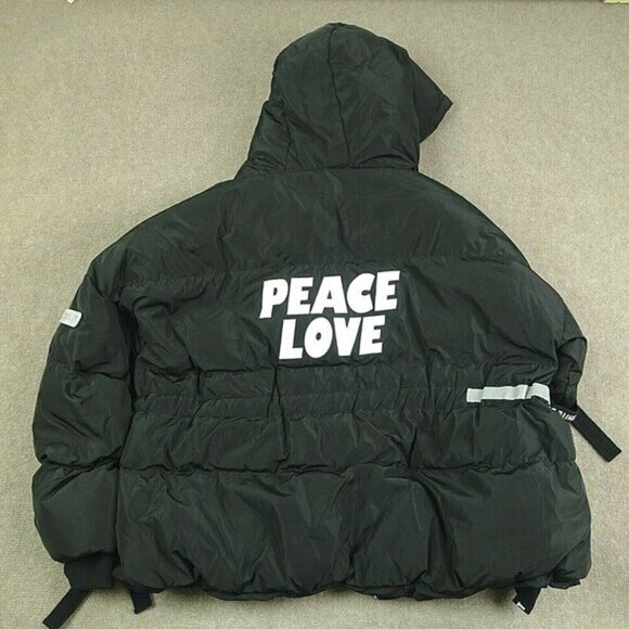 Chocoolate Women's Medium Black‎ Down Puffer Jacket Hooded Peace Love - Picture 1 of 9